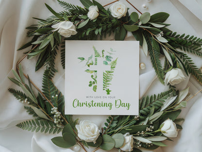 Christening Day/ Baptism Card for Boys or Girls - Elegant Religious Baptism Card with Green Botanical Cross for Son, Daughter, Grandson, Granddaughter, Nephew, Niece - Green Envelope Included
