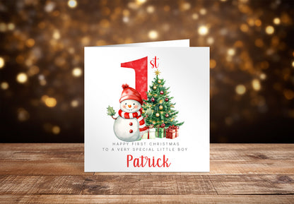 Personalised Baby Boy or Baby Girl's First Christmas Card – Snowman and Xmas Tree