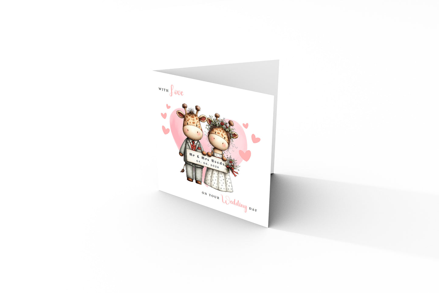 Personalised Wedding Card with Custom Couple's Names & Wedding Date – Cute Giraffe Design - Wedding Congratulations Card for Newlywed couples, Animal Lovers, Him or Her - Pink Envelope Included