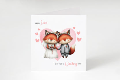 Cute Fox Wedding Card – Wedding Congratulations Card – Adorable Animal Wedding Card – Romantic Wedding Day Card for Newlywed couples, Animal Lovers, Him or Her – Pink Envelope Included