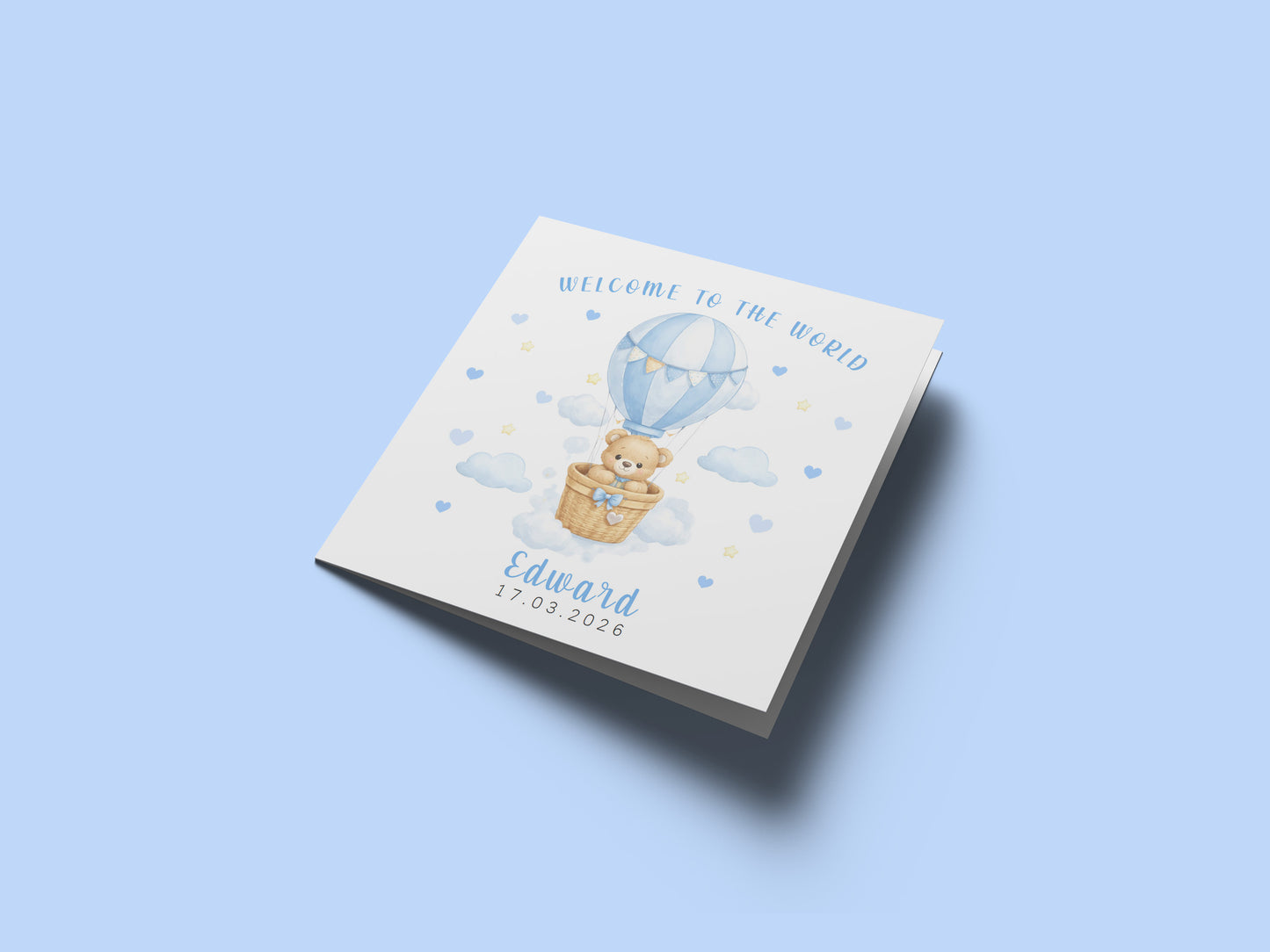 Personalised New Baby Boy Card Congratulations for Newborn Son, Grandson, Nephew, Welcome To The World Card - Teddy Bear with Hot Air Balloon Design with Custom Name and Date - Blue Envelope Included