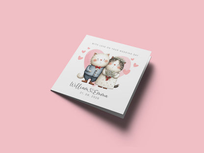 Personalised Wedding Card – Custom Couple's Names & Wedding Date – Cute Cats Design - Wedding Congratulations Card for Newlywed couples, Cat Lovers, Him or Her - Pink Envelope Included