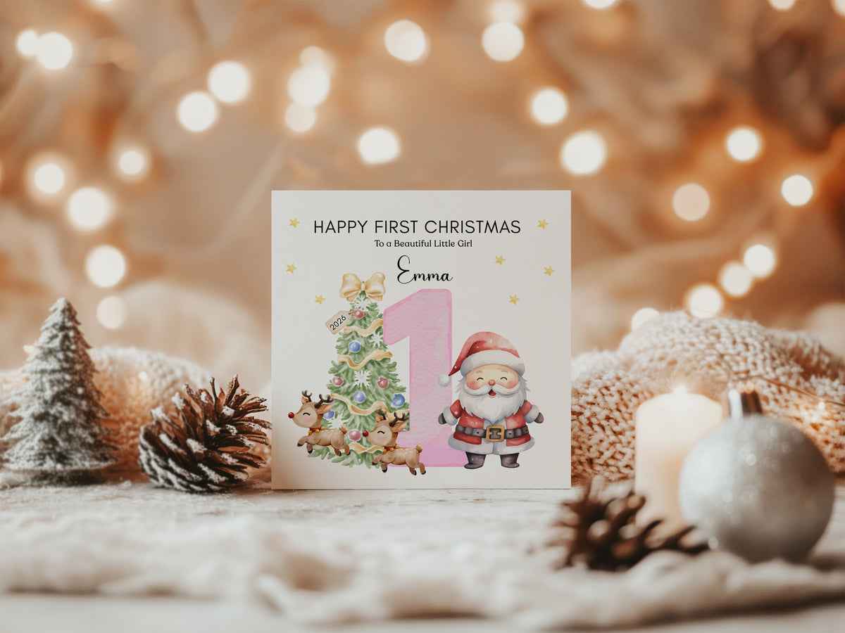 Personalised 1st Christmas Card for Baby Girl– Cute Santa and Xmas Tree Design with Customised Name and Message - First Xmas Card for Daughter, GrandDaughter, Niece - Pink Envelope Included