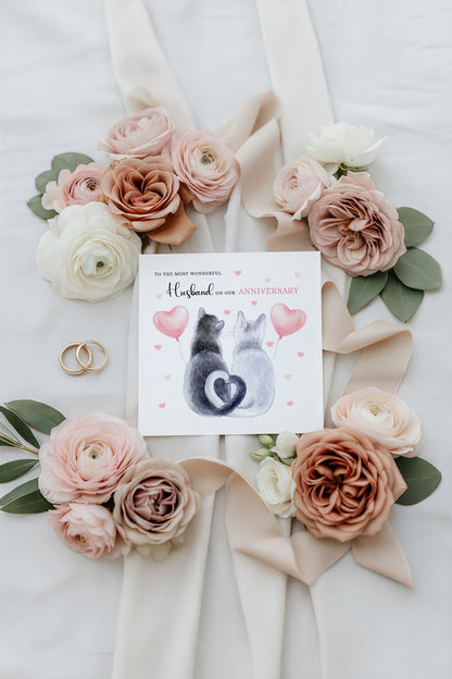 Cute Cat Anniversary Card for Husband or for Wife - Romantic Anniversary Card for Him, Her, Wedding, Dating, Relationship Milestones 1st, 2nd, 3rd, 5th, 10th, 20th 30th - Pink Envelope Included