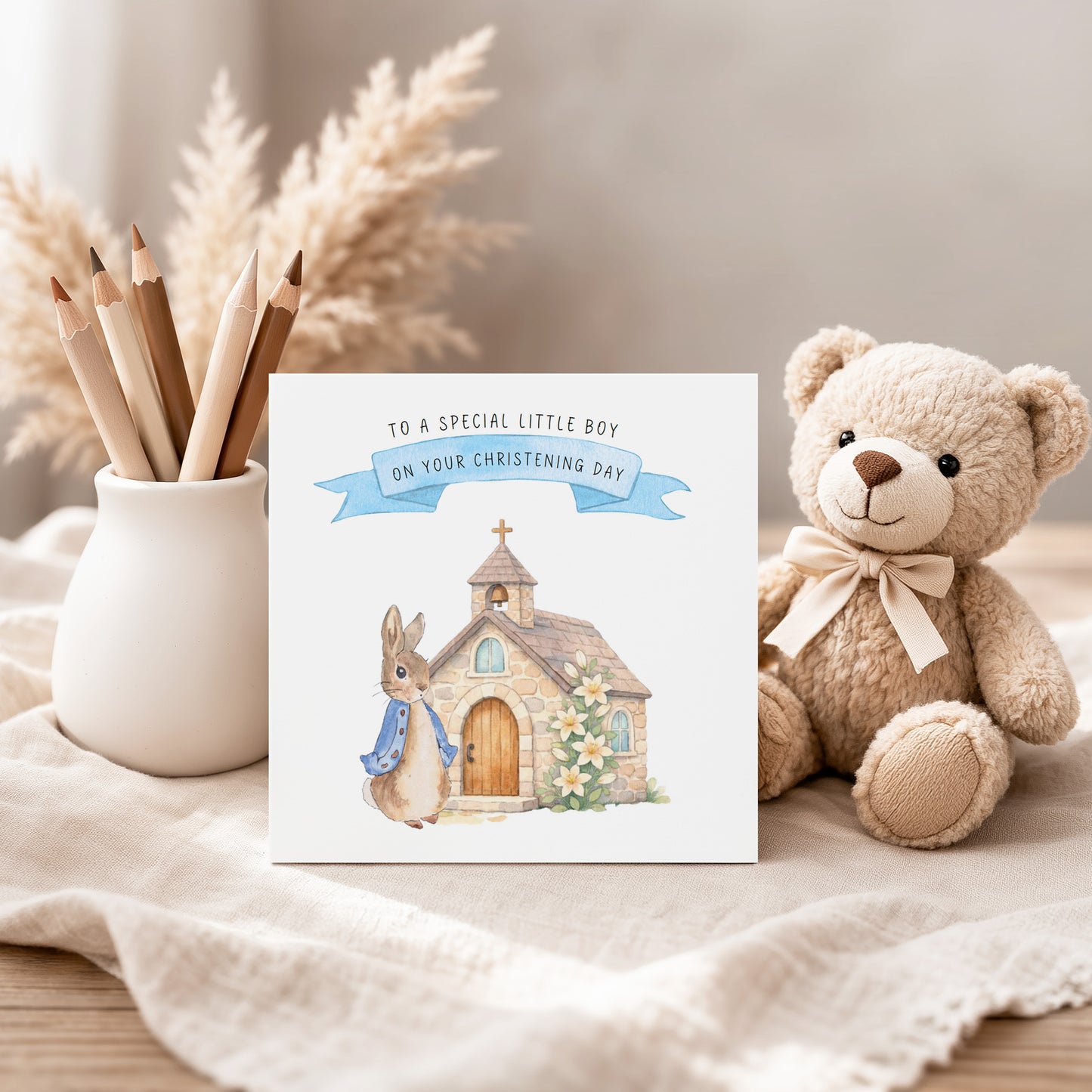 Christening Day Card for Boy – Cute Bunny & Church Design – To A Special Little Boy Baptism Christening Card for Boys, Son, Grandson, Nephew with Blue Envelope