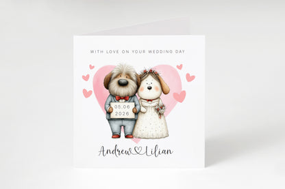Personalised Wedding Card – Custom Couple's Names & Wedding Date – Cute Dogs Design - Wedding Congratulations Card for Newlywed couples, Dog Lovers, Him or Her - Pink Envelope Included