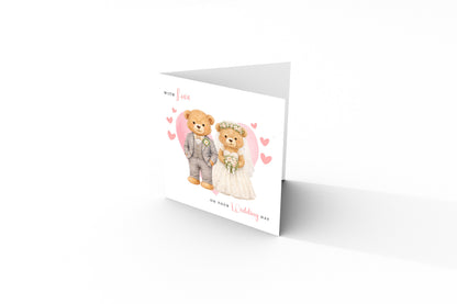 Wedding Card for Bride & Groom with Cute Teddy Bear Design - Wedding Day Congratulations Greeting Keepsake Love Card for Him or Her - Pink Envelope Included