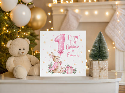 Personalised Baby Girl's First Christmas Card – Pink Cute Bunny Design