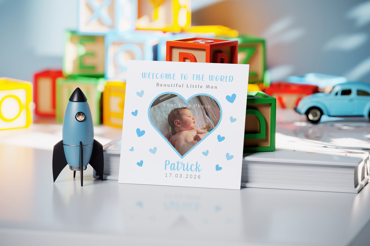 Personalised Photo New Baby Boy Card Congratulations for Newborn Boy, Welcome To The World Card, Baby Shower for Son, Grandson, Nephew, Heart Design with Custom Name, Date and Photo with Blue Envelope