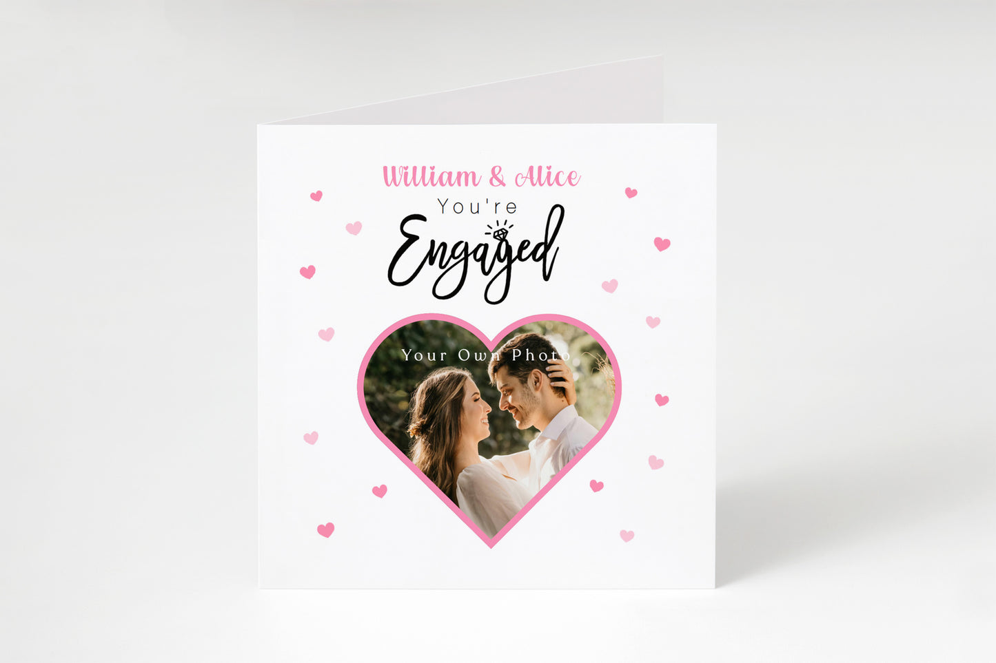 Personalised Photo Engagement Card – Custom Photo & Couple's Names - Heart Photo Frame Design - Congratulations Engagement Card for Newly Engaged Couples - Pink Envelope Included