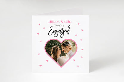 Personalised Photo Engagement Card – Custom Photo & Couple's Names - Heart Photo Frame Design - Congratulations Engagement Card for Newly Engaged Couples - Pink Envelope Included