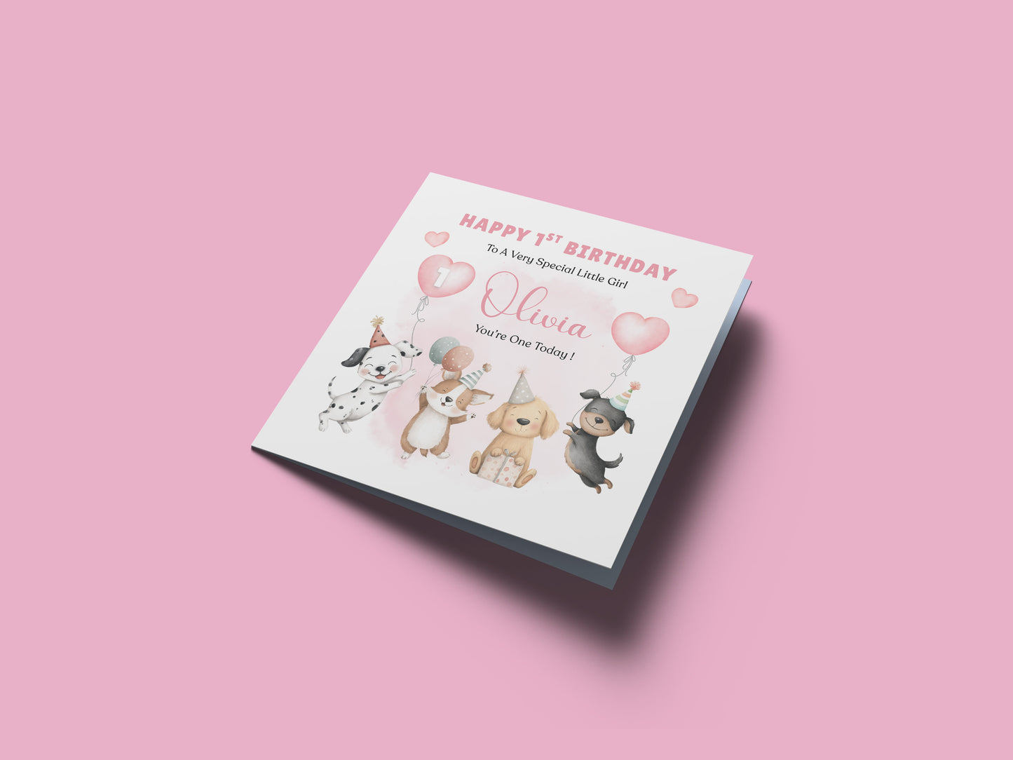 Personalised 1st Birthday Card for Baby Girl – Cute Puppy Dogs Design with Customised Name and Message– One Year Old First Birthday Card for Daughter, Granddaughter, Niece – Pink Envelope Included