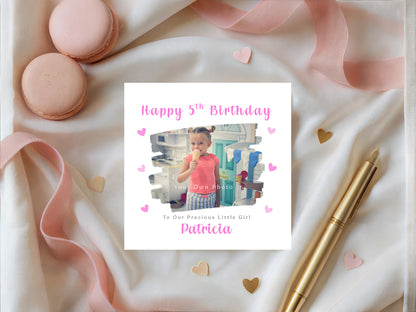Personalised Photo 5 Years Old 5th Birthday Card for Girls – Brush Stroke Photo Frame with Custom Photo, Name & Message for Age 5 Years Old Kid, Daughter, Granddaughter, Niece with Pink Envelope