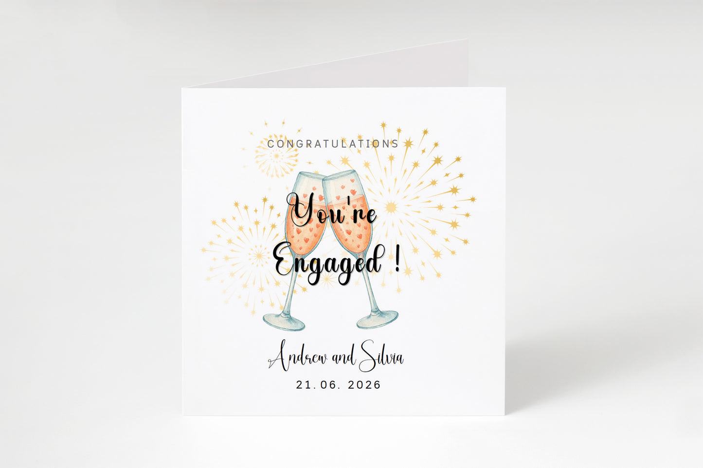 Personalised Engagement Card with Custom Couple's Name & Date – You’re Engaged Champagne Toast Design - Congratulations Card for Couples, Him or Her - Kraft Envelope Included
