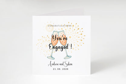 Personalised Engagement Card with Custom Couple's Name & Date – You’re Engaged Champagne Toast Design - Congratulations Card for Couples, Him or Her - Kraft Envelope Included