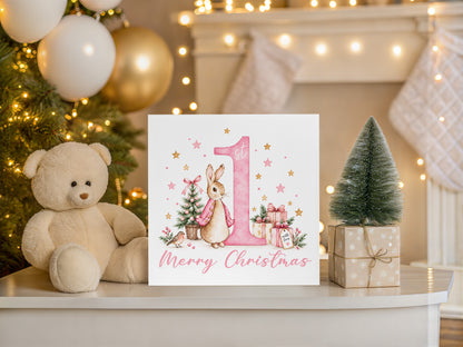 1st Christmas Card for Baby Girls – Cute Pink Rabbit and Number 1