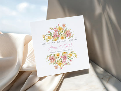 Personalised Christening Card for Girl – Custom Baptism Card with Name & Date - Elegant Pink & Yellow Flower Design – Baptism Card for Girls, Daughter, Granddaughter, Niece - Pink Envelope Included