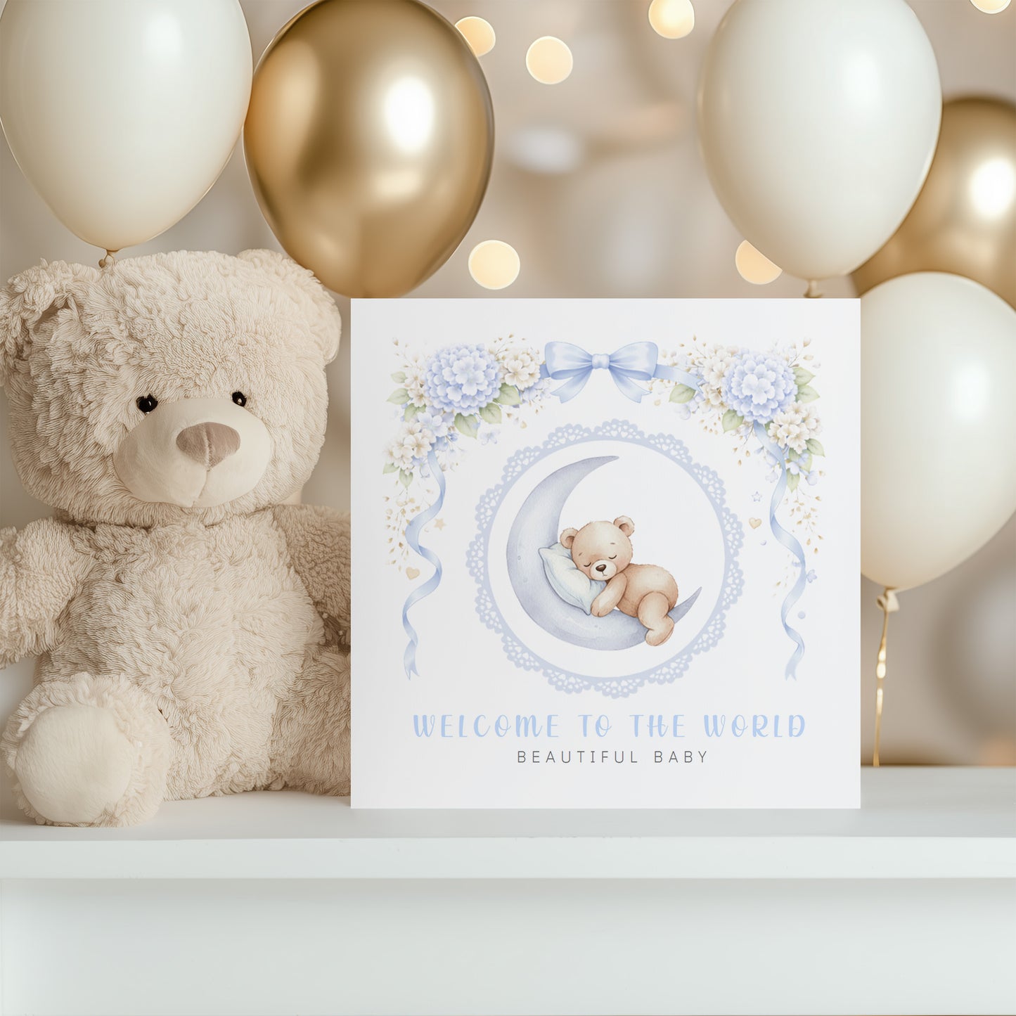 New Baby Boy Card Congratulations for Newborn Son, Grandson, Nephew, Little One, Welcome To The World, Baby Shower Card - Cute Teddy Bear on a Moon Design  - Blue Envelope Included