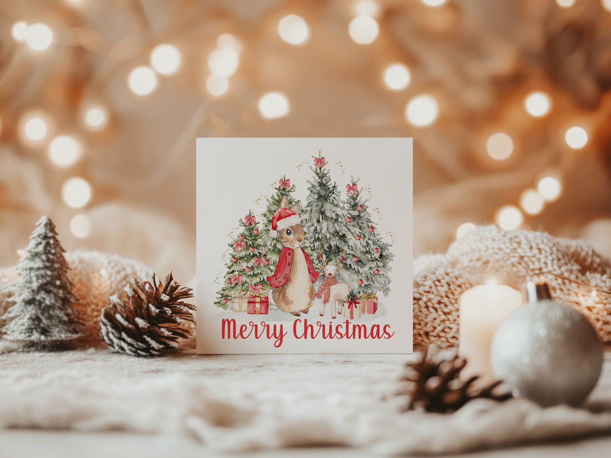 Happy Christmas Card for Girls – Red Rabbit and Christmas Trees