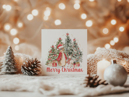 Happy Christmas Card for Girls – Red Rabbit and Christmas Trees