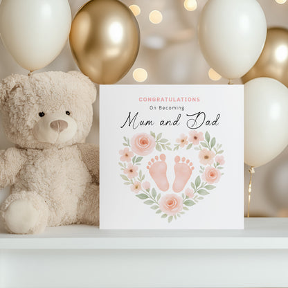 Personalised New Baby Girl Card – Congratulations On Becoming Mum & Dad, Auntie & Uncle, Grandpa & Grandma – Floral Baby Feet design - Pink Envelope Included