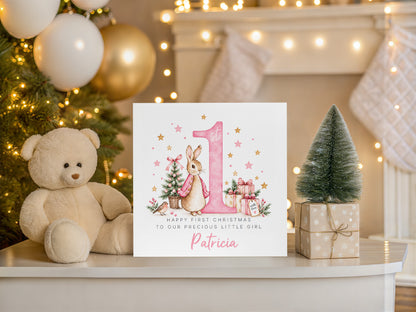 Personalised Christmas Card for Baby Girls – Cute Pink Rabbit and Number 1