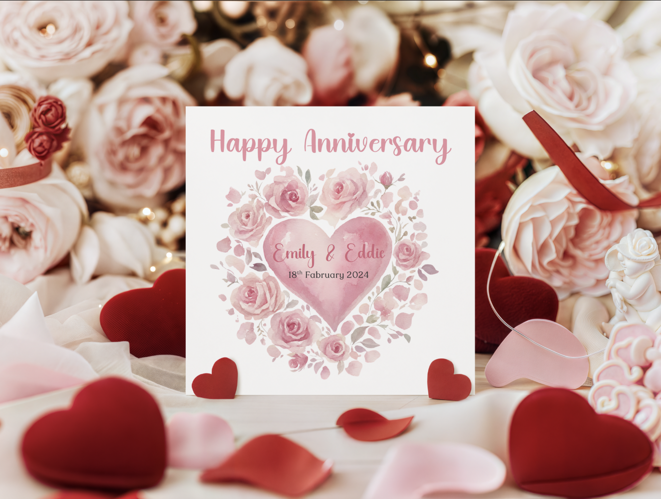Personalized Anniversary Card – Romantic Floral Heart Design with Customised Names and Date– for Couples, Husband, Wife, Relationship, Engagement, 1st Date – Pink Envelope Included
