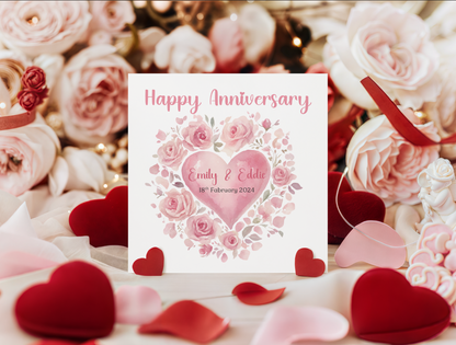 Personalized Anniversary Card – Romantic Floral Heart Design with Customised Names and Date– for Couples, Husband, Wife, Relationship, Engagement, 1st Date – Pink Envelope Included