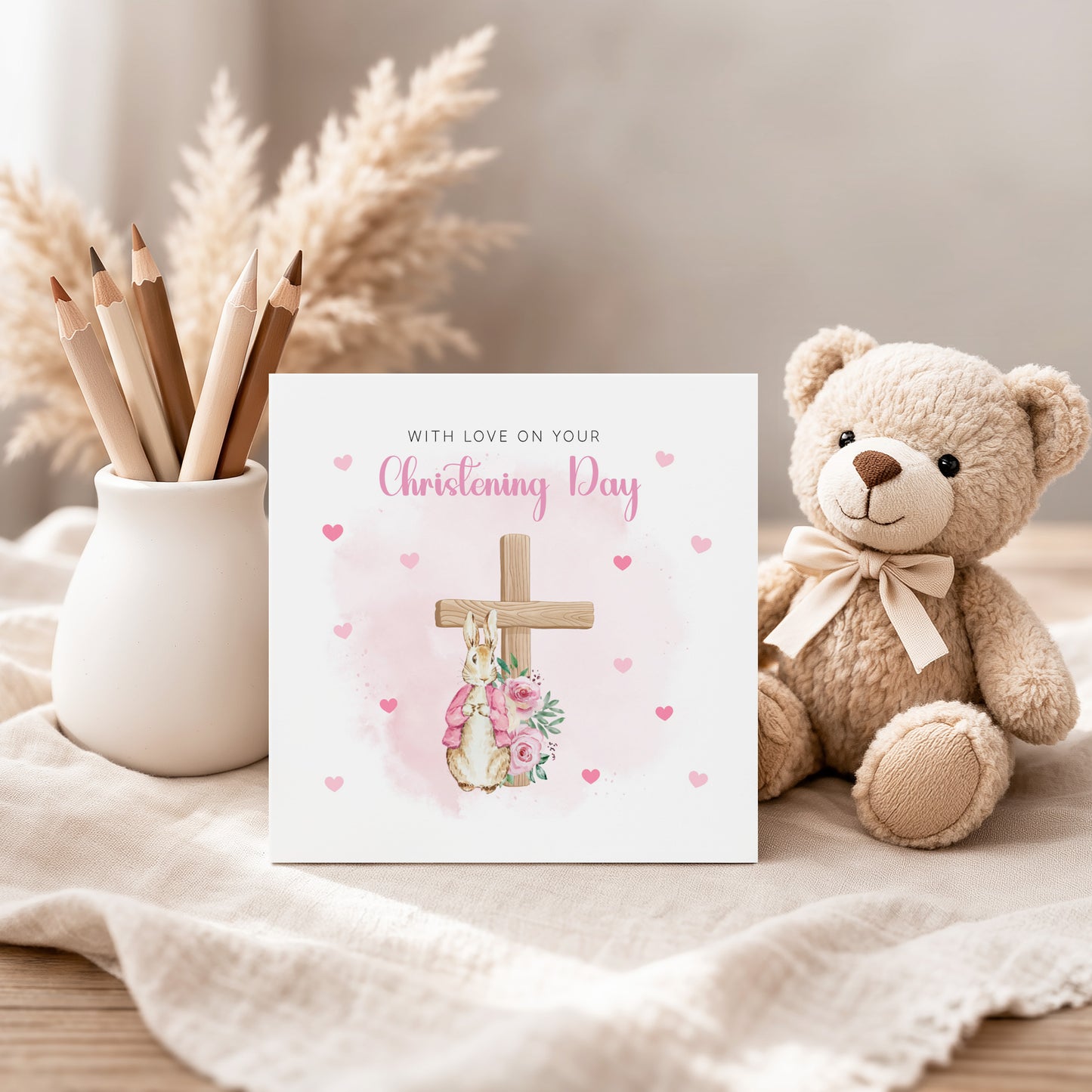 Christening Card for Girl – Bunny Cross Floral Design –With Love on Your Christening Day -  Religious Baptism Card for Girls, Daughter, Granddaughter, Niece with Pink Envelope