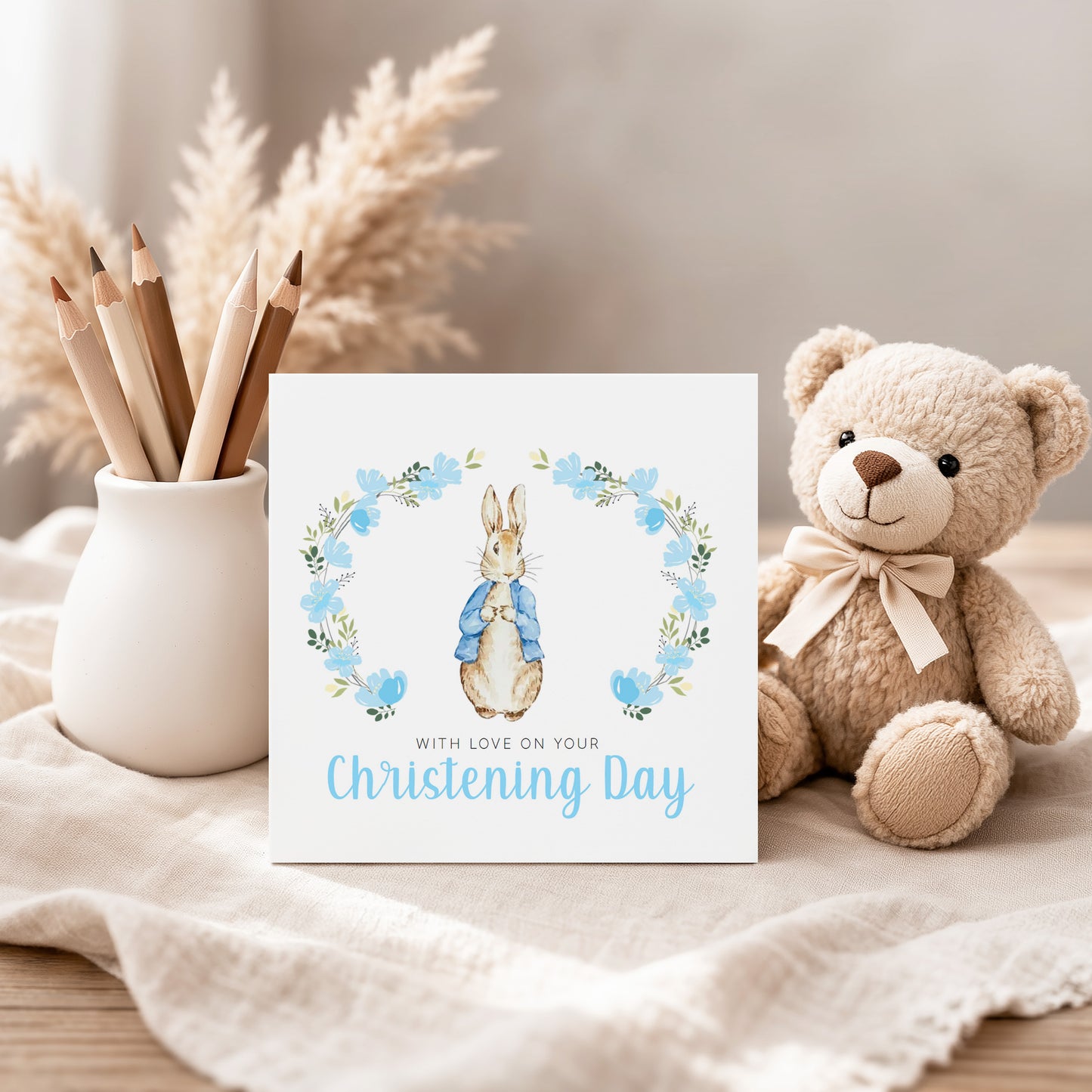 Christening Day Card for Boy – Blue Bunny Floral Wreath Design – With Love on Your Christening Day Religious Baptism Christening Card for Boys, Son, Grandson, Nephew with Blue Envelope