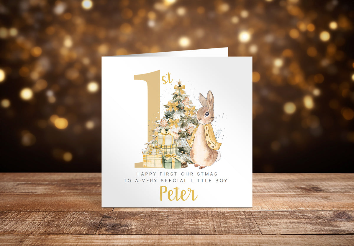 Personalised 1st Christmas Card for Baby Boy or Baby Girl – Golden Rabbit and Christmas Trees