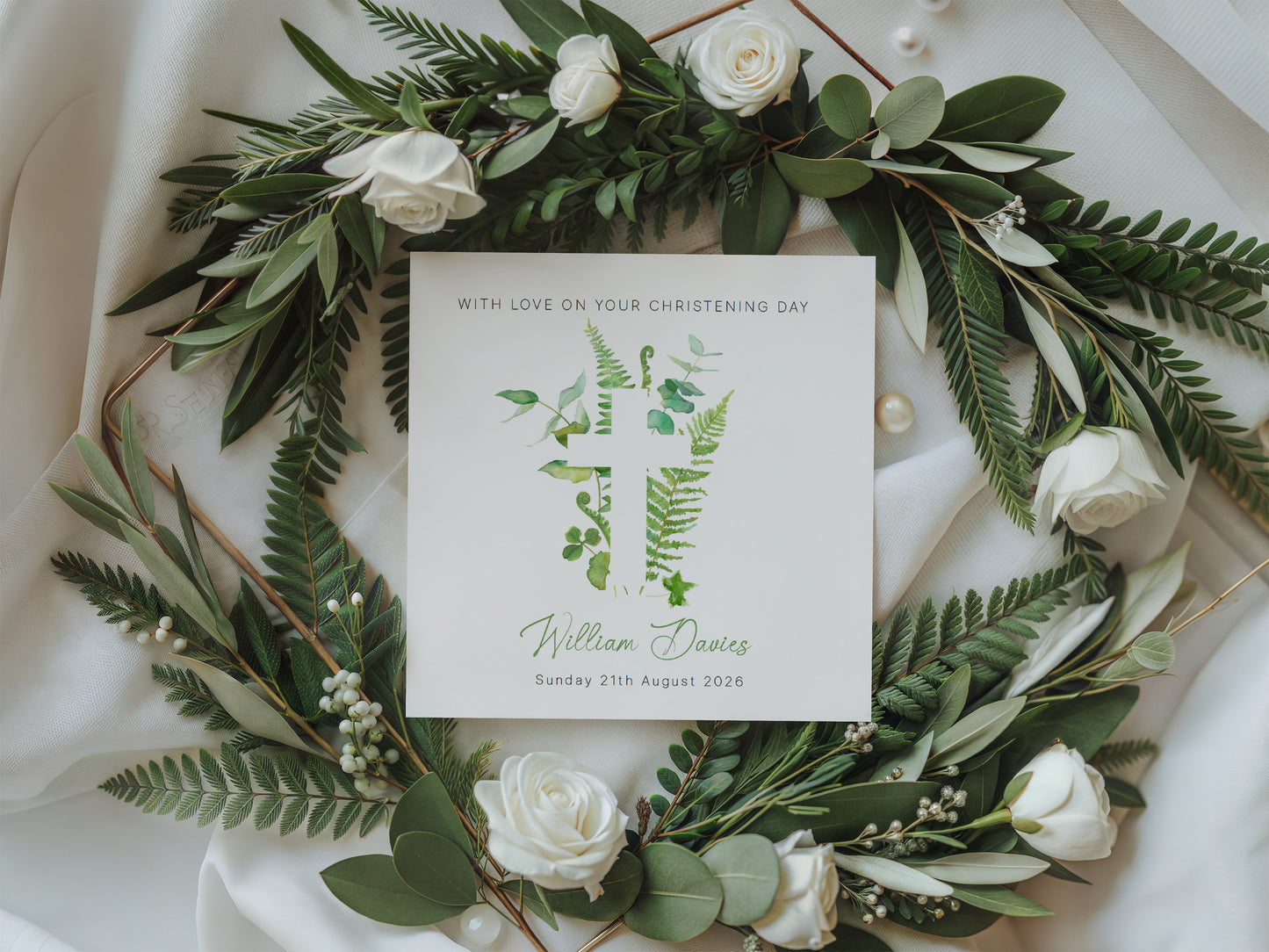 Personalised Christening Card for Boys or Girls – Green Botanical Cross Design with Custom Name and Date - Baptism Card for Son, Daughter, Grandson, Granddaughter, Nephew, Niece with Green Envelope