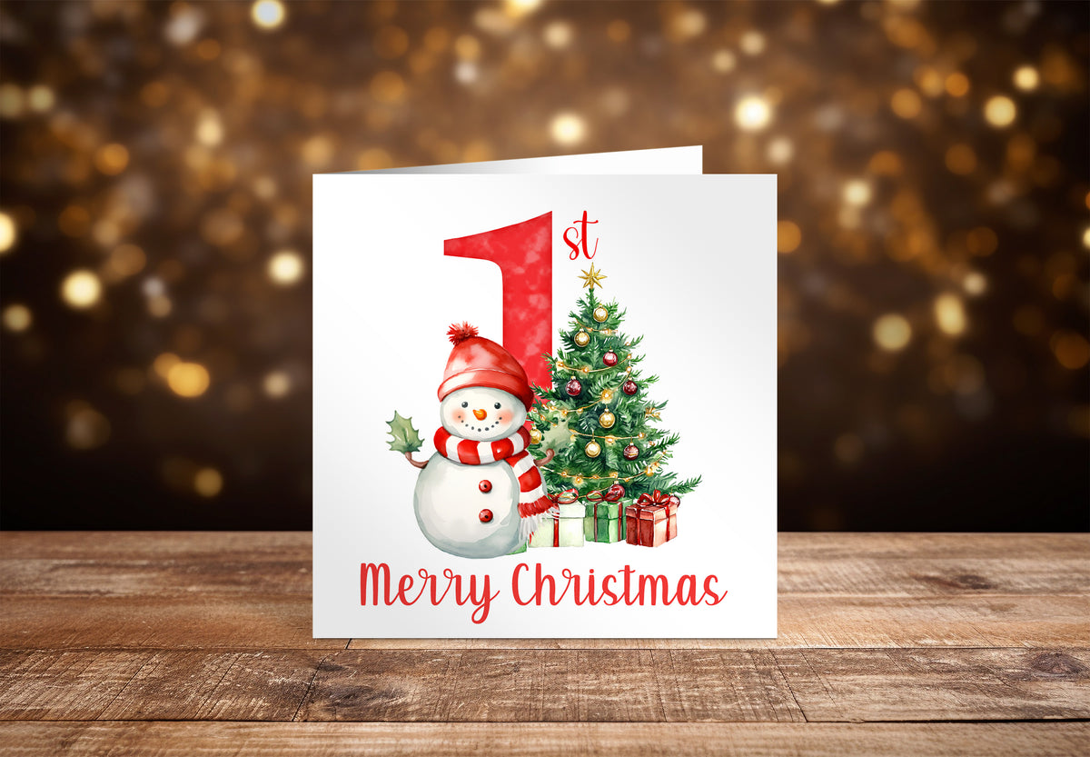 Happy Baby Boy or Baby Girl's First Christmas Card – Snowman and Xmas Tree