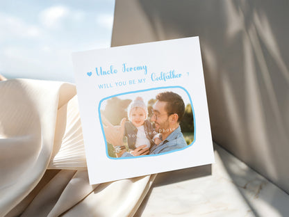 Personalised Photo Godfather Proposal Card - Will You Be My Godfather Card with Custom Name and Photo - Elegant Personalised Baptism Christening Day Proposal Card - Blue Envelope Included
