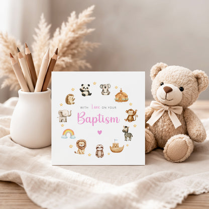 Christening Day/ Baptism Card for Girl – Cute Animals Design – With Love On Your Baptism - Religious Christening Card for Girls, Daughter, Granddaughter, Niece with Pink Envelope