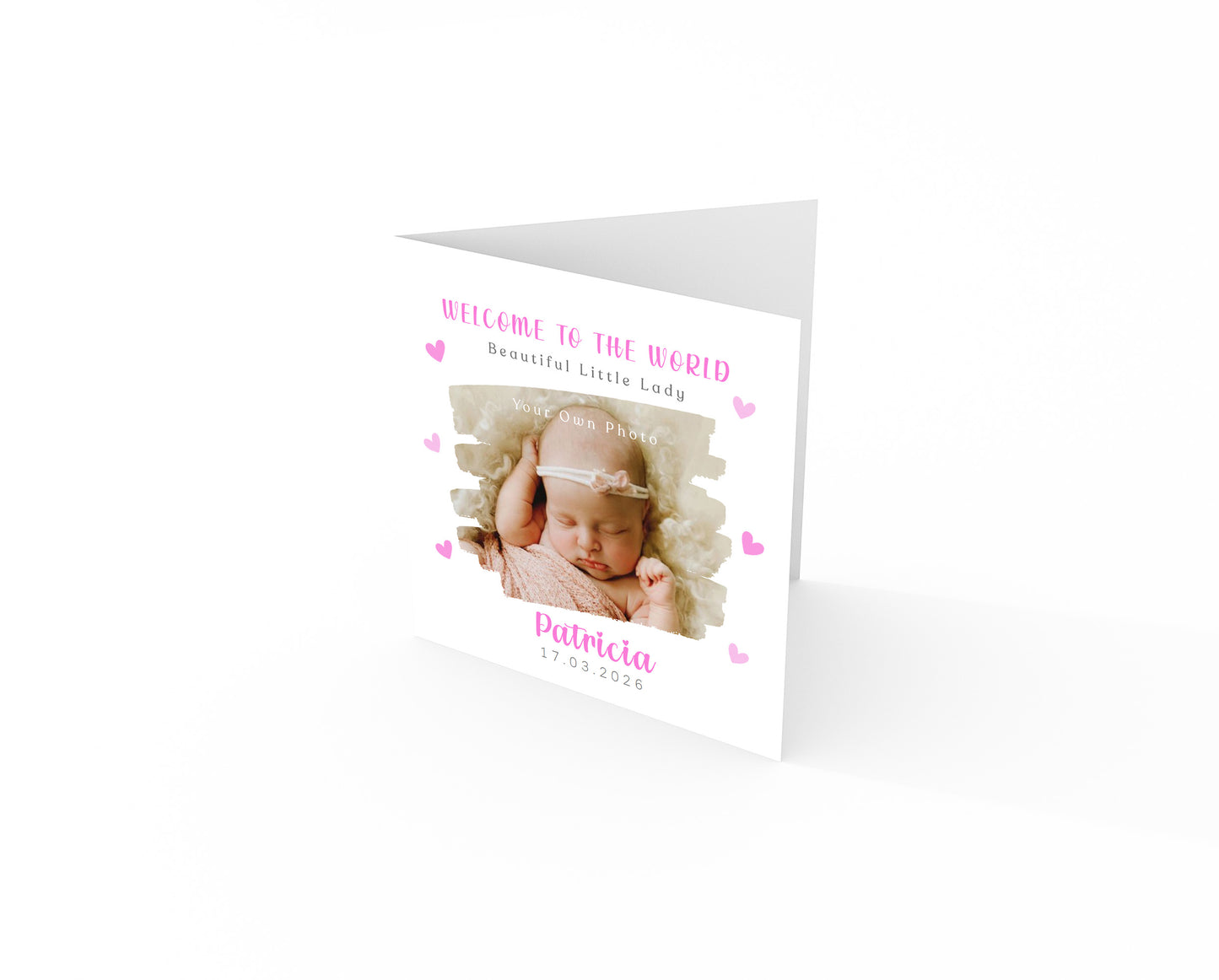 Personalised Phoro New Baby Girl Card Congratulations for Newborn Daughter, Granddaughter, Niece - Welcome To The World Card - Brush Stroke Photo Frame with Custom Name & Date - Pink Envelope Included