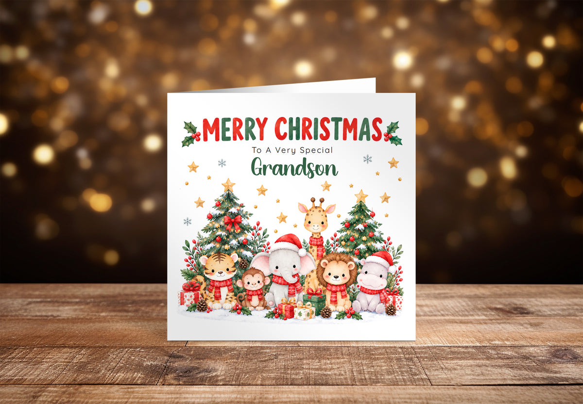 Jungle Animals Christmas Card for Grandson - Cute Safari Animals Design