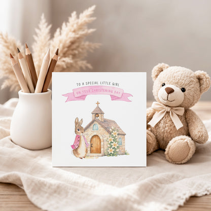 Christening Day/ Baptism Card for Girl – Cute Bunny & Church Design – To a Special Little Girl Baptism Card Christening Card for Girls, Daughter, Granddaughter, Niece with Pink Envelope