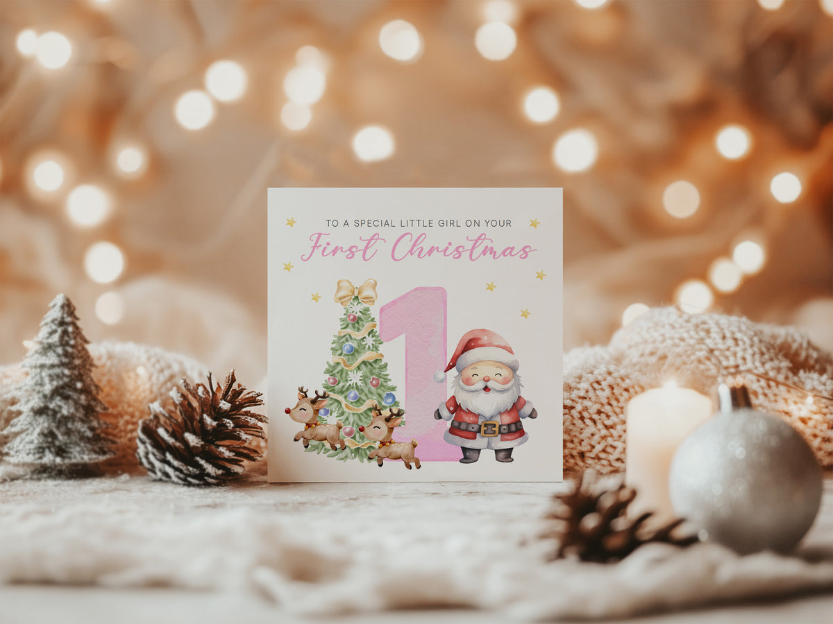 Happy 1st Christmas Card for Baby Girl– Cute Santa and Xmas Tree Design - First Xmas Card for Daughter, GrandDaughter, Niece - Pink Envelope Included