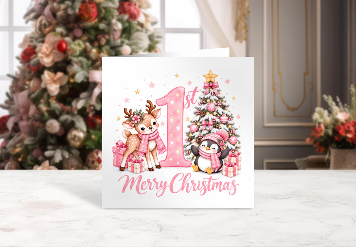 Baby Girl's 1st Christmas Card – Pink Reindeer & Penguin