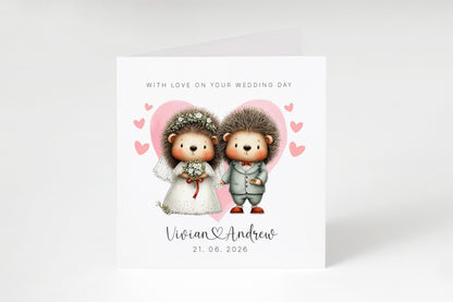 Personalised Wedding Card with Custom Couple's Names & Wedding Date – Cute Hedgehog Design - Wedding Congratulations Card for Newlywed couples, Animal Lovers, Him or Her - Pink Envelope Included