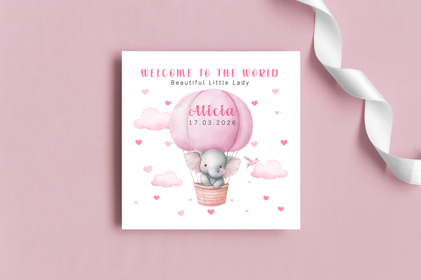 Personalised New Baby Girl Card Congratulations for Newborn Daughter, Granddaughter, Niece - Welcome To The World Card with Elephant and Hot Air Balloon Design - Custom Name & Date with Pink Envelope