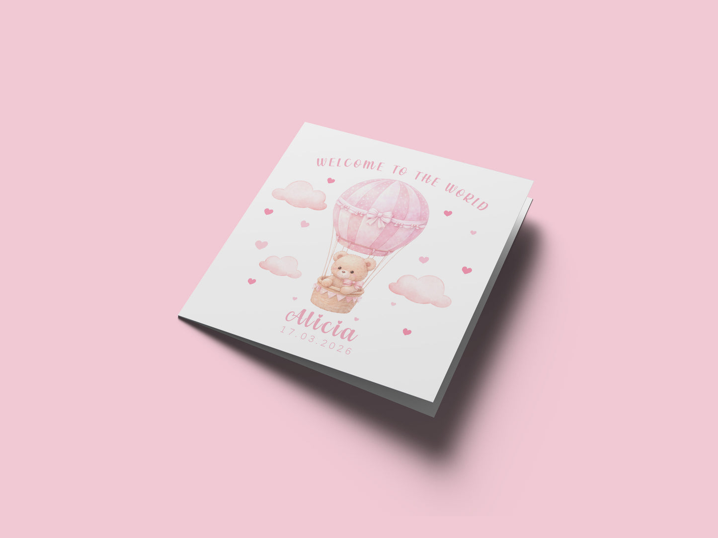 Personalised New Baby Girl Card Congratulations for Newborn Daughter, Granddaughter, Niece - Welcome To The World Card with Teddy Bear & Hot Air Balloon Design - Custom Name & Date with Pink Envelope