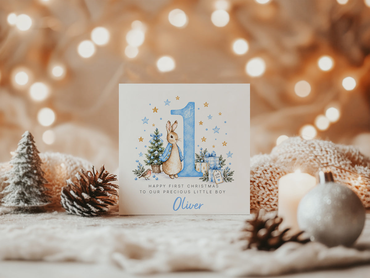 Personalised Christmas Card for Baby Boys – Cute Blue Rabbit and Number 1