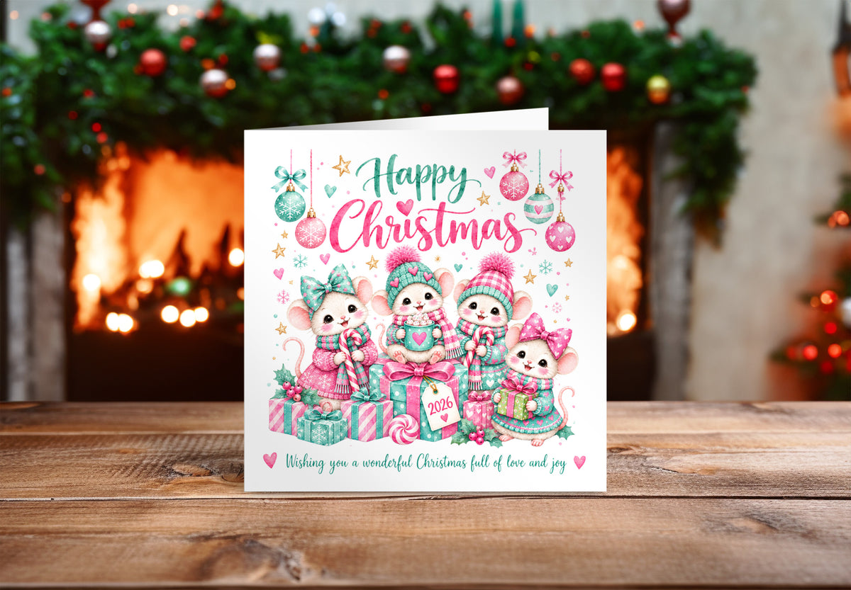 Cute Christmas Card for Girls – Christmas Mice with Pink & Mint Festive Design