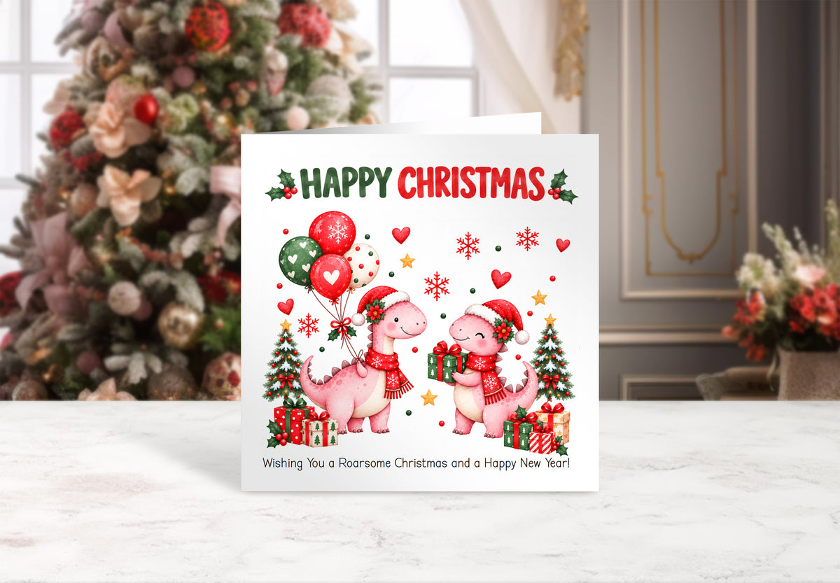 Christmas Card for Girls – Festive Dinosaurs
