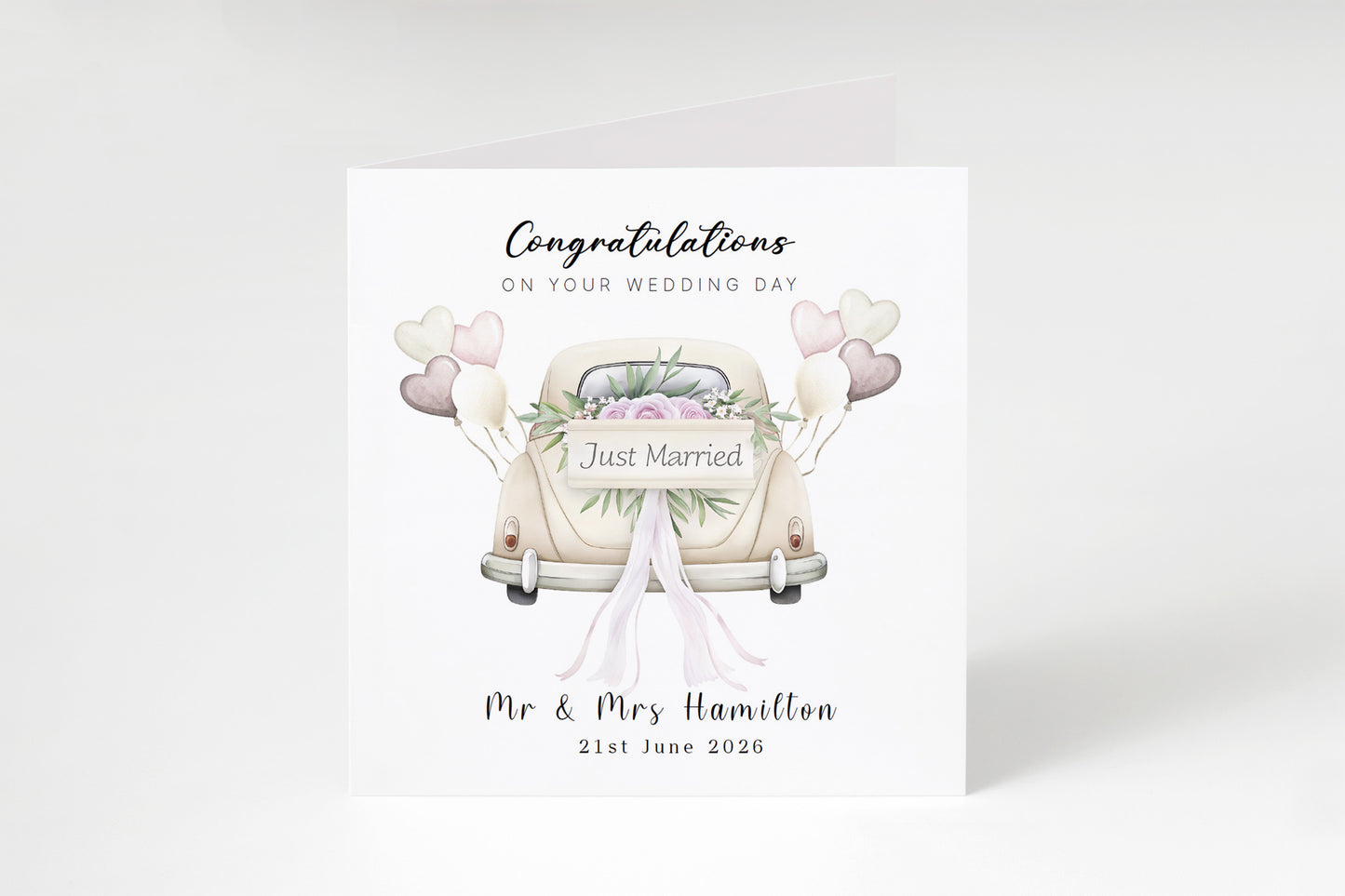 Personalised Wedding Card – Custom Couple's Names or  New Mr & Mrs Surname & Wedding Date – Elegant Wedding Car Design - Wedding Congratulations Card for Newlywed couples - Kraft Envelope Included
