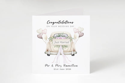 Personalised Wedding Card – Custom Couple's Names or  New Mr & Mrs Surname & Wedding Date – Elegant Wedding Car Design - Wedding Congratulations Card for Newlywed couples - Kraft Envelope Included