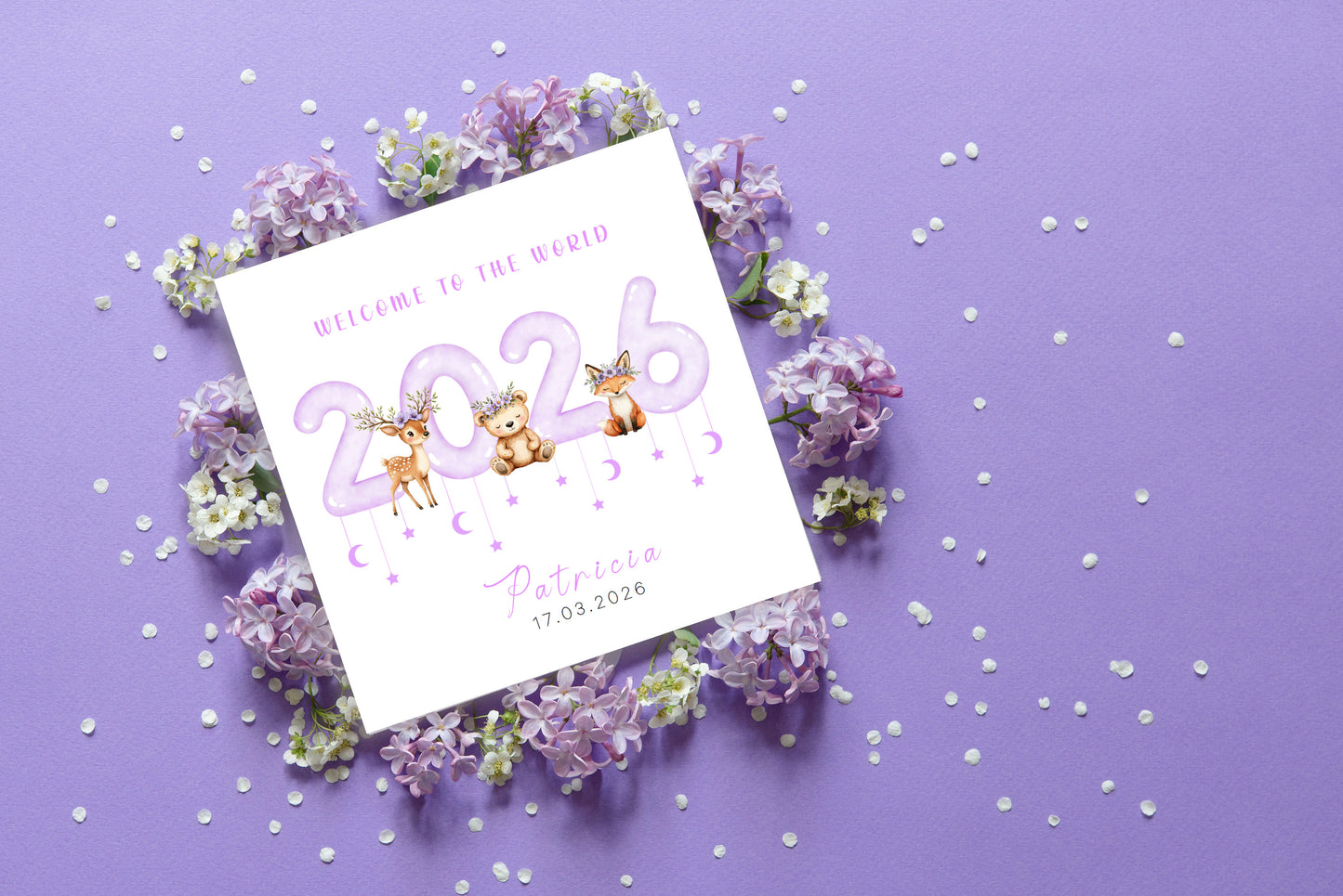 2026 Personalised New Baby Girl Card Congratulations for Newborn Daughter, Granddaughter, Niece, Welcome To The World Card  - Woodland Animals Design with Custom Name and Date with Purple Envelope