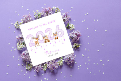 2026 Personalised New Baby Girl Card Congratulations for Newborn Daughter, Granddaughter, Niece, Welcome To The World Card  - Woodland Animals Design with Custom Name and Date with Purple Envelope